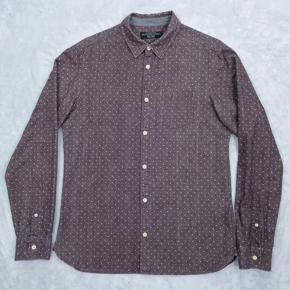 AllSaints Danko Shirt Mens S Red Dotted Brushed Twill Cotton LS Button Up MS072F